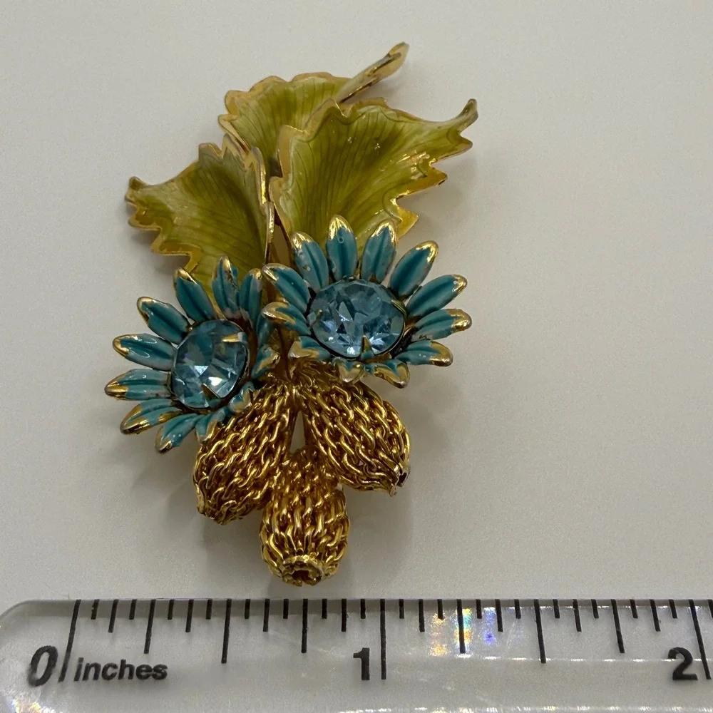 Vintage Blue Enamel Sunflower Green Leaf Gold Tone Rhinestone Floral Brooch Pin
